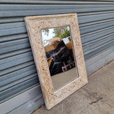 Handcrafted Floral Carved Solid Wood Indian Furniture Mirror Frame Rustic White